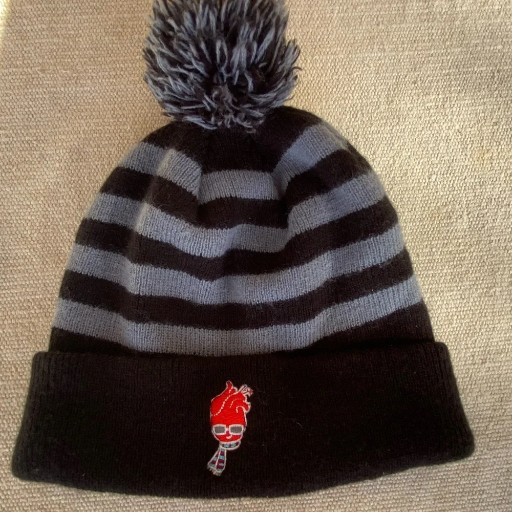 Cozy Black and Gray Striped Kids Beanie with Pom Pom